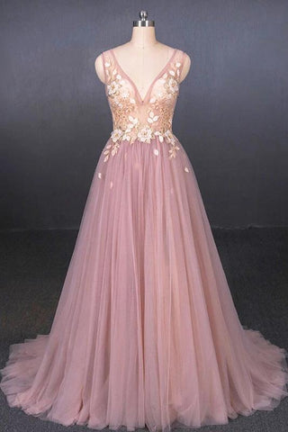 Elegant Pink V Neck Sleeveless Tulle Prom Dress with Appliques, A Line Tulle Evening Dresses SJS15191