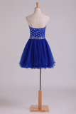 New Arrival Dark Royal Blue A Line Sweetheart Homecoming Dresses Tulle Short With Beads