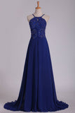 A Line Spaghetti Straps Beaded Bodice Prom Dresses Chiffon