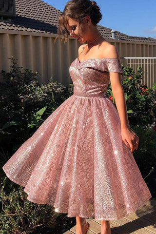 Elegant Off the Shoulder Pink Sequins Sweetheart Short Prom Dresses, Bridesmaid Dresses SJS15189