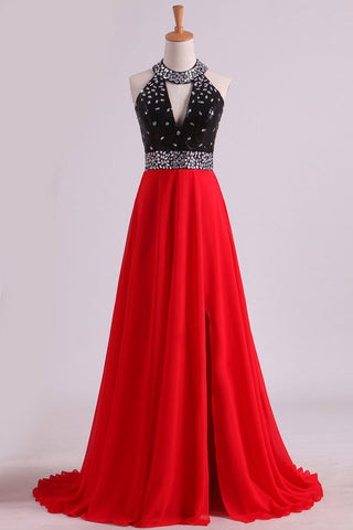 Bicolor Halter A Lline Prom Dresses Sequined Bodice Sweep Train Chiffon