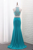 Spandex Mermaid Two-Piece Scoop Prom Dresses Beaded Bodice