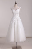 New Arrival Square A Line Wedding Dresses With Applique Tulle Tea Length