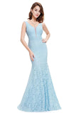 Sexy Fitted Lace Mermaid Blue V Neck Long Prom Dresses Evening Dresses SJS15334