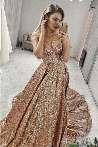 Puffy Sleeveless Sequined Court Train Prom Dress, Sparkly Sequin Evening Dresses SJS15312