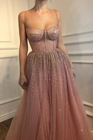 Sexy A-Line Spaghetti Straps Rhinestone Tulle Sweetheart Evening Dresses Pink Formal Dresses SJS15329