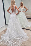 V Neck Court Train V Back Lace Tulle With Applique Wedding Dresses