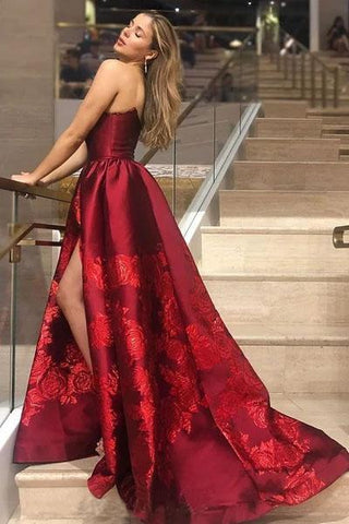 Unique A Line Strapless Burgundy Satin Prom Dresses with Appliques, Formal Dresses SJS15454