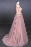 Elegant Pink V Neck Sleeveless Tulle Prom Dress with Appliques, A Line Tulle Evening Dresses SJS15191