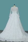 Long Sleeves Ball Gown Wedding Dresses Bateau Tulle & Satin With Applique