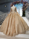 Long Sleeve Ball Gown Beads Lace Appliques Prom Dresses Sequins Quinceanera Dresses SJS15241