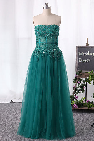 Strapless Prom Dresses A Line Tulle With Applique And Slit