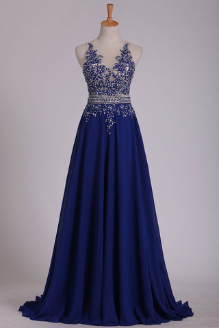 Scoop Prom Dresses A Line With Applique & Beads Sweep Train Chiffon