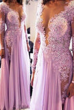 Long Sleeves Scoop Prom Dresses A Line Chiffon With Applique And Beads