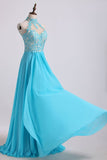 High Neck A Line Prom Dresses With Applique&Beads Chiffon