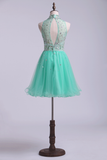 High Neck Homecoming Dresses A-Line Short Beaded Bodice Tulle