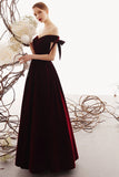 Charming A Line Long Off the Shoulder Burgundy V Neck Prom Dresses with Sweetheart SJS15089