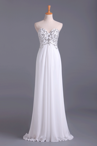 Popular Prom Dresses Sweetheart Chiffon With Beading Floor Length White