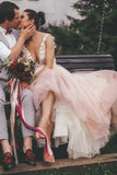 Sheer Round Neck Pink Wedding Dresses Backless Bridal Gown With Lace SJS20469