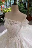 Luxurious Satin Wedding Dresses Lace Up Boat Neck With Appliques And Sequins