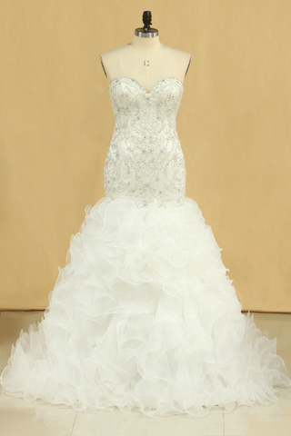 Hot Plus Size Sweetheart Wedding Dresses Mermaid Organza With Beads And Rhinestones