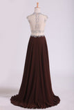 Scoop Prom Dresses A Line Beaded Bodice Chiffon & Tulle With Slit Color Chocolate