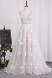 Spaghetti Straps A Line Lace Wedding Dresses With Sash And Handmade Flower