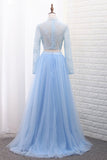 Two-Piece High Neck Evening Dresses Tulle & Lace With Slit A Line