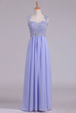 Prom Dresses A Line Straps Beaded Bodice Open Back Chiffon