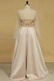 Long Sleeves Satin Scoop A Line Prom Dresses Beaded Bodice