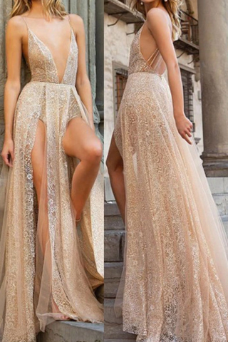 Sexy Lace Spaghetti Straps Backless Long Prom Dress