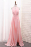 Chiffon Bridesmaid Dresses Scoop A Line Floor Length With Ruffles And Slit