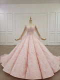 Elegant Ball Gown Pink Long Sleeves Appliques Prom Dresses, Quinceanera SJS20482