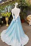 A-Line Satin Prom Dresses Lace Up With Appliques And Bow Knot With Shawl