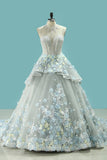 Wedding Dresses High Neck Court Train Tulle With Applique Lace Up Back