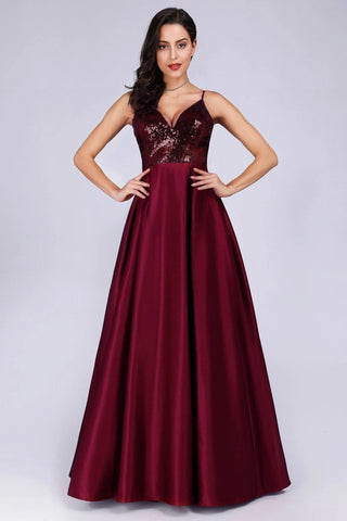 Deep V Neck Long Sleeveless Spaghetti Straps Burgundy Satin Evening Prom Dresses SJS15140