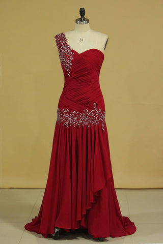 Burgundy/Maroon High Quality Prom Dresses Mermaid Sweetheart One Shoulder Chiffon Ruffled