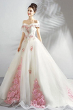 Unique Off The Shoulder Tulle Wedding Dress With Pink Flowers Ball Gown Wedding SJSPQ4NB2CL