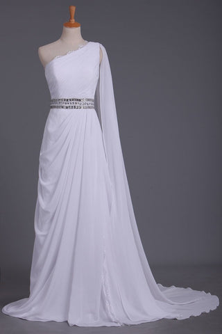 White Prom Dress One Shoulder Pleated Bodice Sheath Beaded Waistline Chiffon Court Train