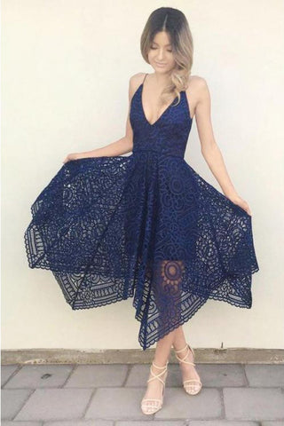 Dark Navy Spaghetti Straps Short Lace Bridesmaid Dresses