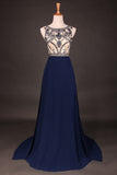 Stunning Prom Dresses Champagne Beaded Bodice And Back A-Line Scoop Sweep/Brush Chiffon