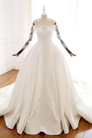 Ball Gown Long Sleeves Wedding Dress With Appliques Satin Bridal SJSP1JNP34P