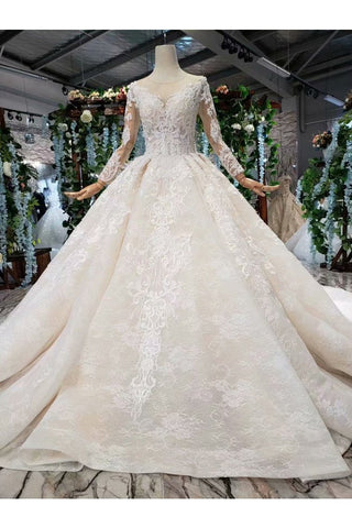 Ball Gown Wedding Dresses Scoop Long Sleeves Top Quality Appliques Tulle Beading