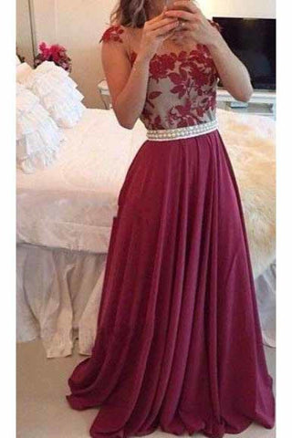 Chiffon Scoop With Applique And Beads Prom Dresses A Line