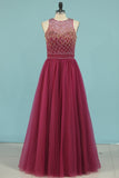 Open Back Scoop Prom Dresses A Line With Beading Tulle Floor Length