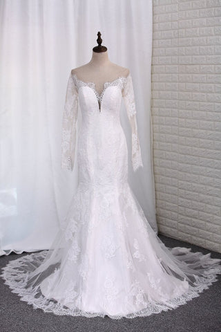 Wedding Dresses Long Sleeves Scoop Mermaid Tulle With Applique