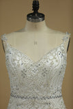 A Line Wedding Dresses Spaghetti Straps Beaded Bodice Tulle