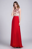 Hot Selling Scoop A Line Full Length Red Prom Dress Beaded Tulle Bodice With Chiffon Skirt