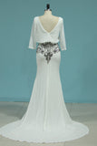 Prom Dresses V Neck 3/4 Length Sleeves Mermaid With Beads Satin & Chiffon