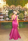 Satin V Neck Open Back Evening Dresses With Sash Floor Length